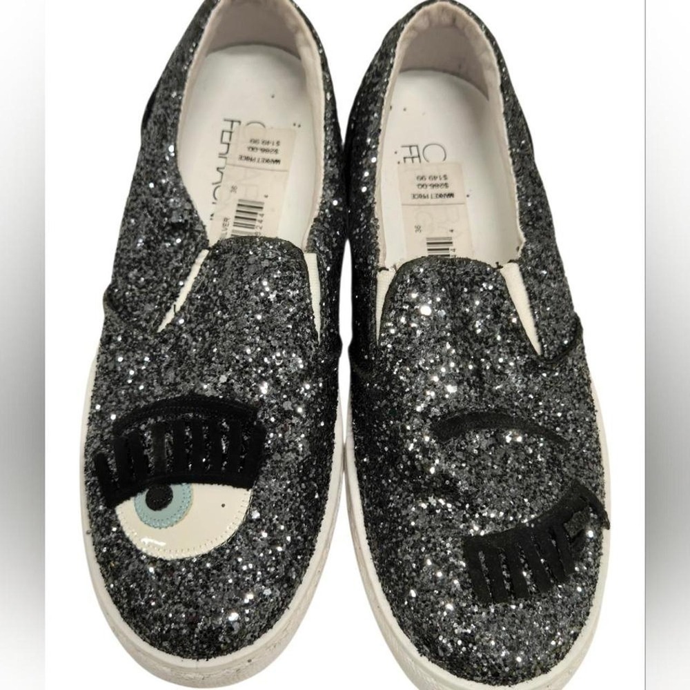 NEW Chiara FerragniDark Grey Glitter Flirting Wink Eye Leather Sneakers SZ 36